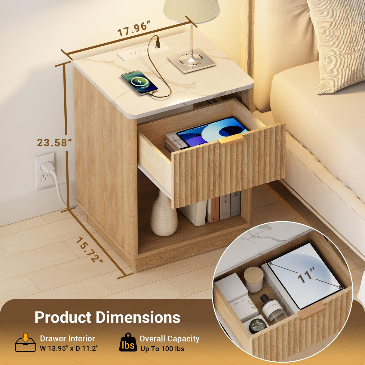 FavourLife Fluted Nightstand with Charging Station, 18" Side Table with Faux Stone Color Top, Mid Century Modern Night Stand Bedside Table with Drawer & Open Shelf for Bedroom Living Room, White Oak FavourLife