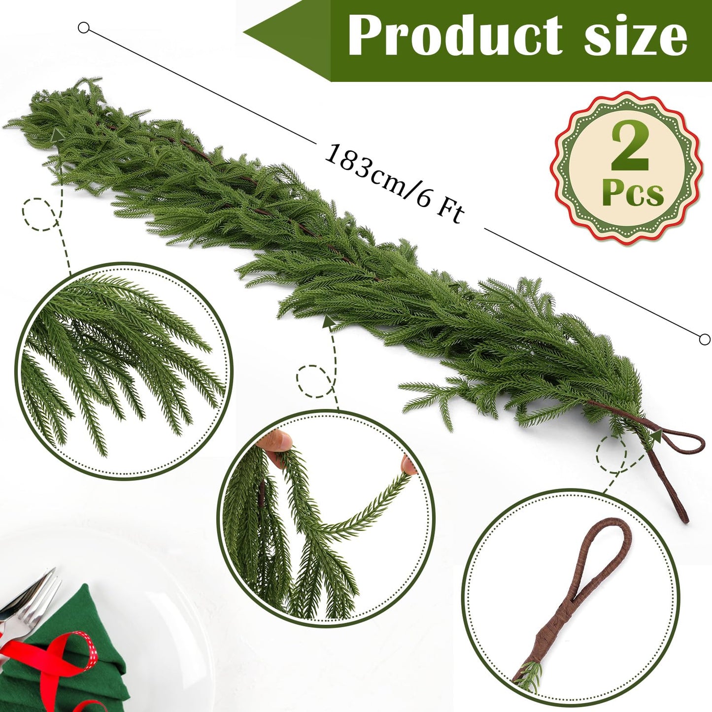 Hananona 2 Pcs Artificial Norfolk Pine Garlands, Real Touch Winter Pine Garland, Green Artificial Greenery Garland for Table, Mantle, Wall, Indoor, Outdoor Christmas Decorations (2, 6 FT)