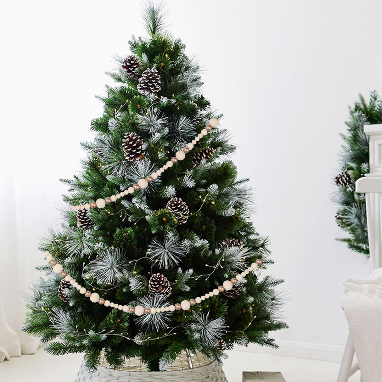 Christmas Wooden Bead Garland Xmas Wooden Tree Beads Rustic Decorative Christmas Tree Farmhouse Decor for Mantle Fireplace Staircase (Natural & Gold) RAMIRABI