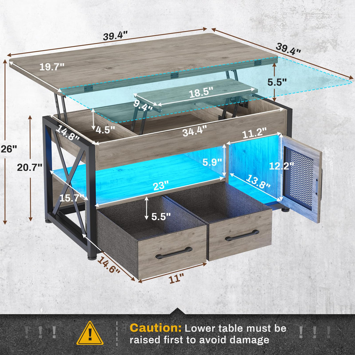 Itaar 40" Lift Top Coffee Table, 4 in 1 Coffee Tables with Storage Cabinet for Living Room, Small Farmhouse Coffee Table with 2 Fabric Drawers & LED Light for Dining Room, Grey Itaar