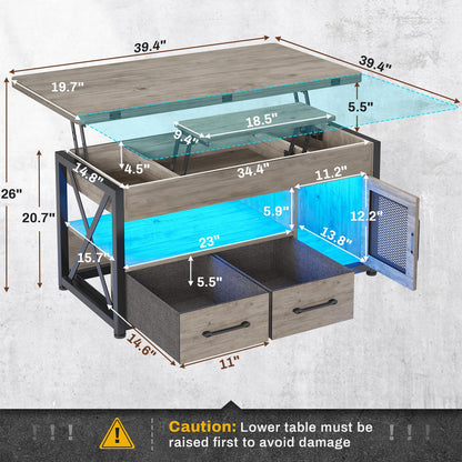 Itaar 40" Lift Top Coffee Table, 4 in 1 Coffee Tables with Storage Cabinet for Living Room, Small Farmhouse Coffee Table with 2 Fabric Drawers & LED Light for Dining Room, Grey - WoodArtSupply
