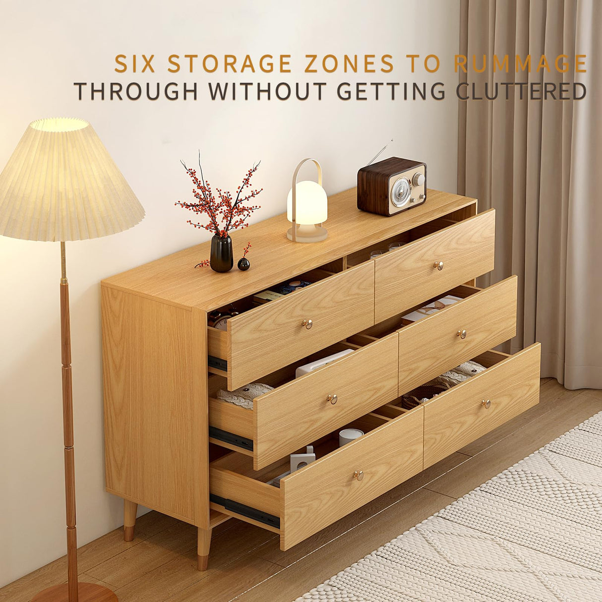 Messenya 6 drawer dresser for bedroom furniture.wood dressers & chests of drawers.Beveled Edge design, hand-polished.bedroom storage and dresser organizer for Living Room, Hallway (D-203) Messenya