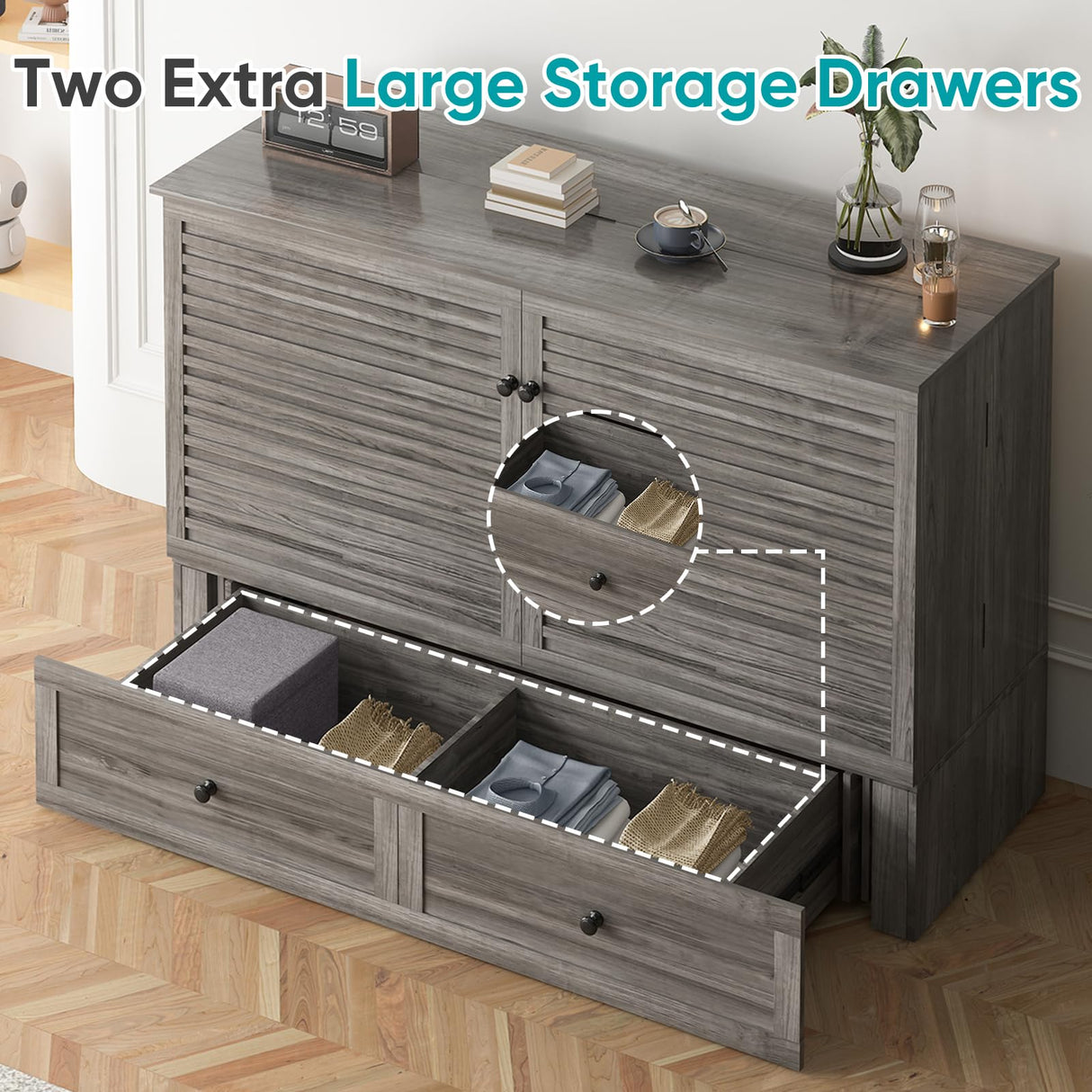 BALUS Murphy Queen Bed with Tri-Fold Mattress, Cabinet Beds with USB Ports & Large Storage Drawer, Wooden Cabinet Beds, Queen Hidden Bed for Living Room/Bedroom -Grey BALUS