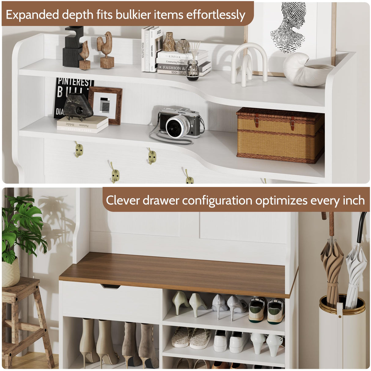 Vividwood Hall Tree with Bench, Simple Style 5 in 1 Hall Tree, Entryway Storage bench3-Layer Shoe Cabinet & 7 Coat Hooks, Separate Drawers, 42.9x15.94x70.86 in (Country White) Vividwood