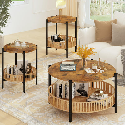 Lamerge 3 Pieces Coffee Table Set for Living Room, Boho Living Room Table Set with Rattan Storage Shelf and Metal Frame, Round Coffee Table & 2 End Side Tables for Apartment Home Office