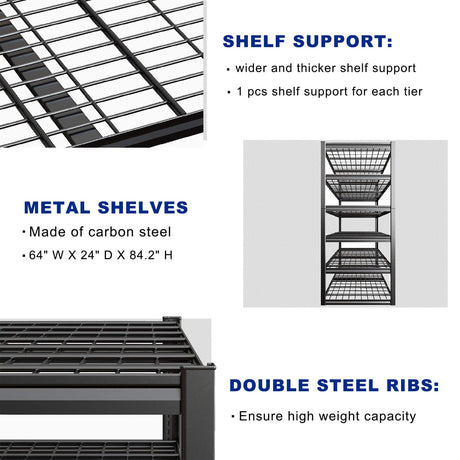 PMKES 64" Wide 6-Tier Garage Shelving Unit, 64" W x 24" D x 84" H, Heavy Duty Garage Storage Shelves,3900 LBS Capacity, Industrial Adjustable Shelves for Basement Warehouse PMKES