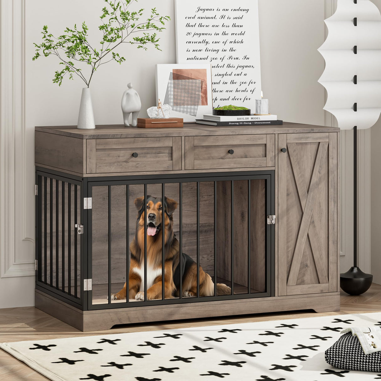 Dog Crate Furniture Kennel with Double Doors Wooden Pet House with 2 Drawers and Storage Cabinet, Indoor Dog Cage Farmhouse Modern Side End Table for Small Medium Dogs, Rustic TTVIEW