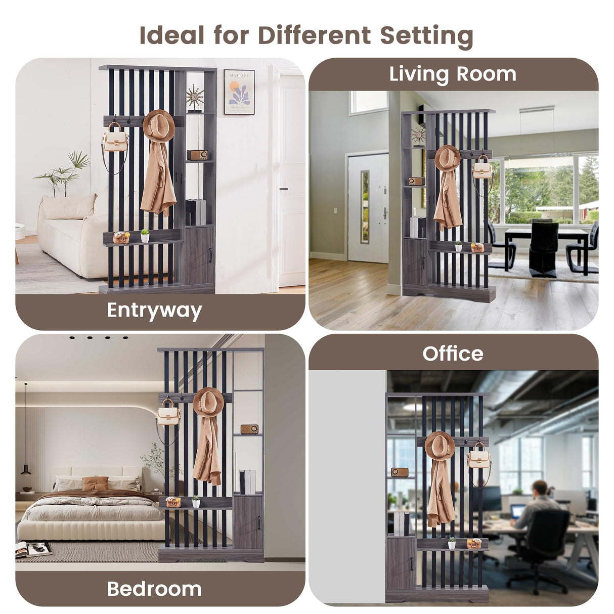 Room Divider with Shelves, Wall Room Divider Bookshelf, Freestanding Wood Privacy Screen with Storage Cabinet, Coat Rack, Display Shelf for Living Room Separation, Home Office Decorative SAHISTCT