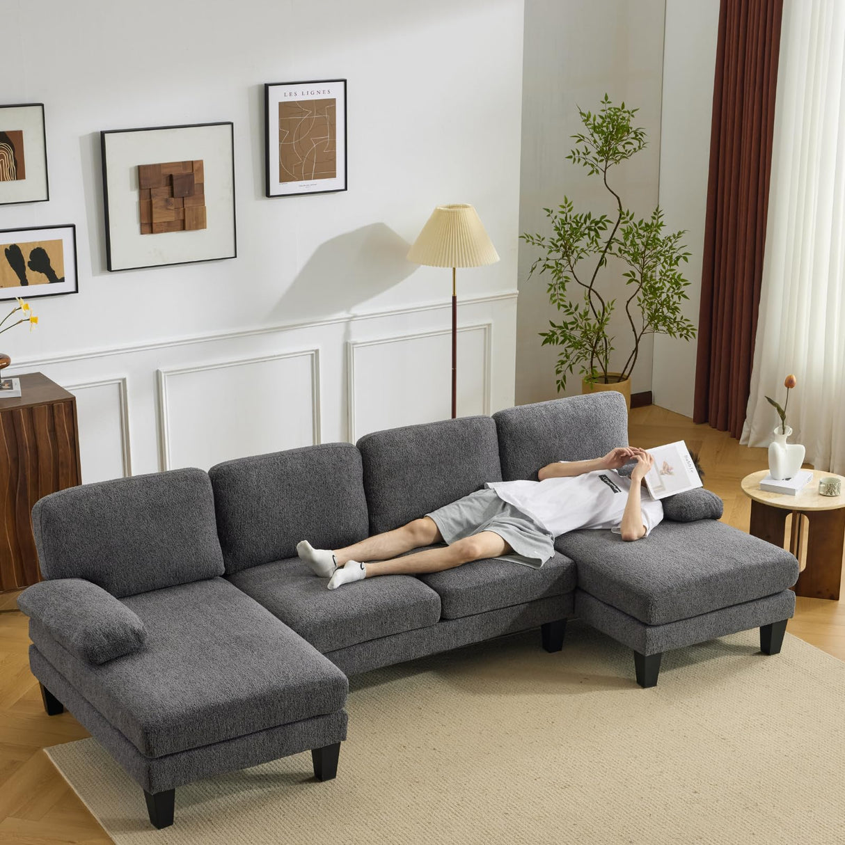 VINGLI 110' U-Shaped Sectional Couch with Two Chaise, Affordable Small Sofa with 4 Seats, Chenille Fabric Comfy Couches for Living Room, Dark Grey VINGLI