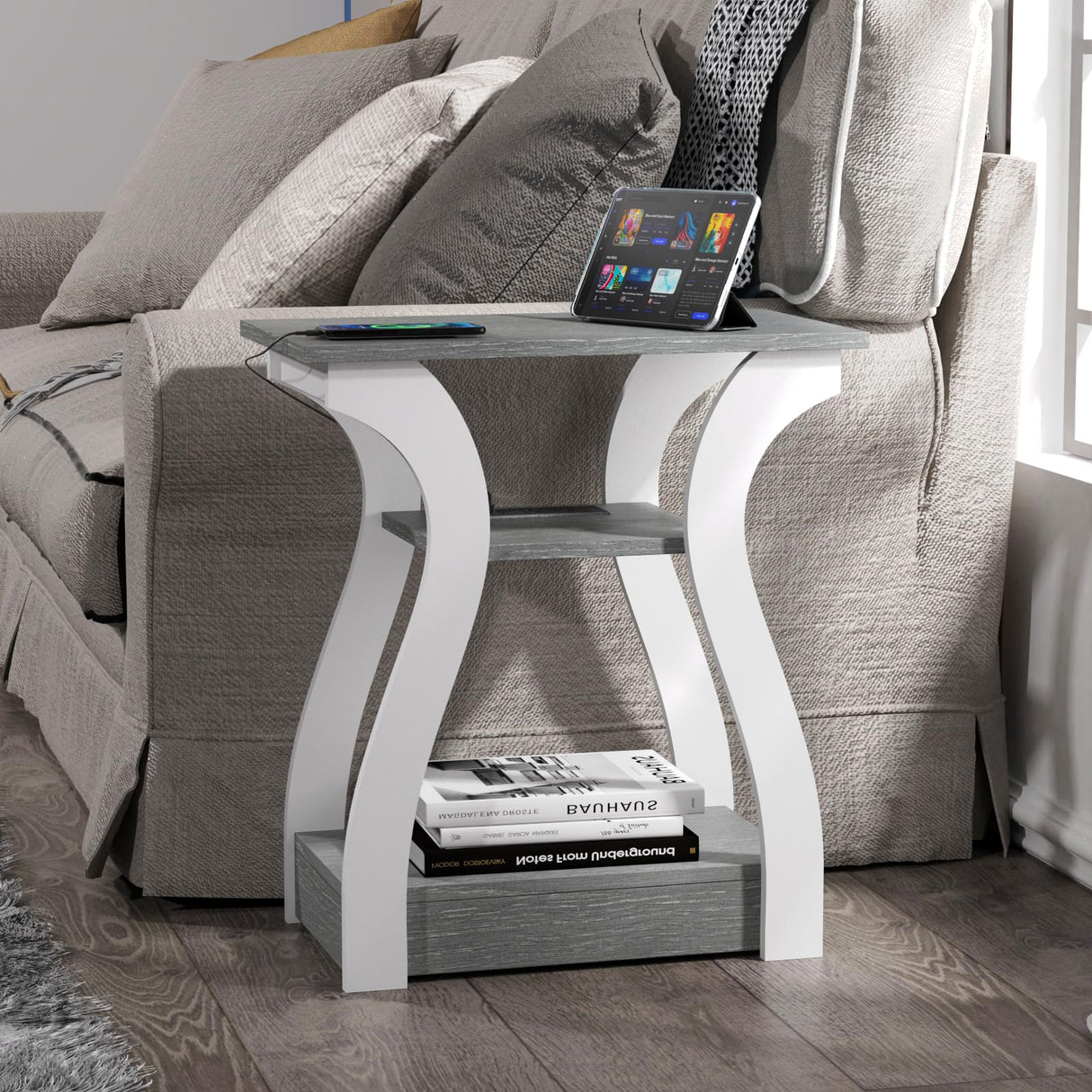 FROMJBEST End Table Set of 2 with Charging Station, Side Table with USB Ports and Outlets, Nightstand, 3 Tier End Table with Storage Shelf for Living Room, Bedroom (Grey Set of 2) FROMJBEST