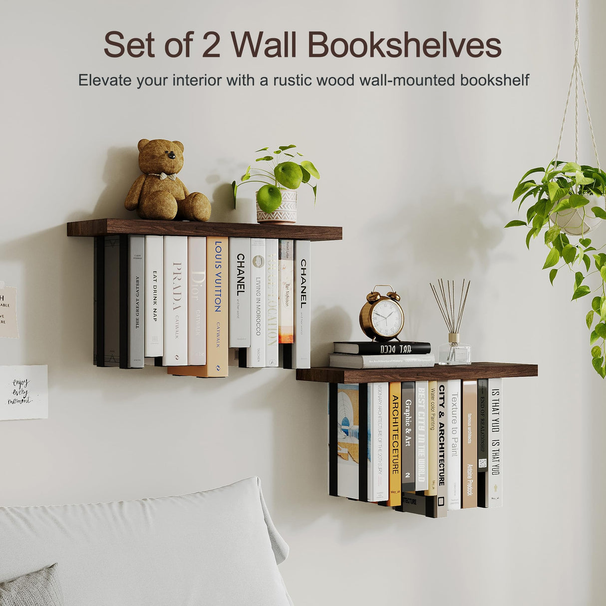 BUTUNITA Floating Bookshelves for Wall, Rustic Wood Hanging Wall Bookshelf, Upside Down Book Shelf and Wall Mounted Bookshelves for Home Decor in Bedroom, Living Room, Carbonized, 2 Pack BUTUNITA