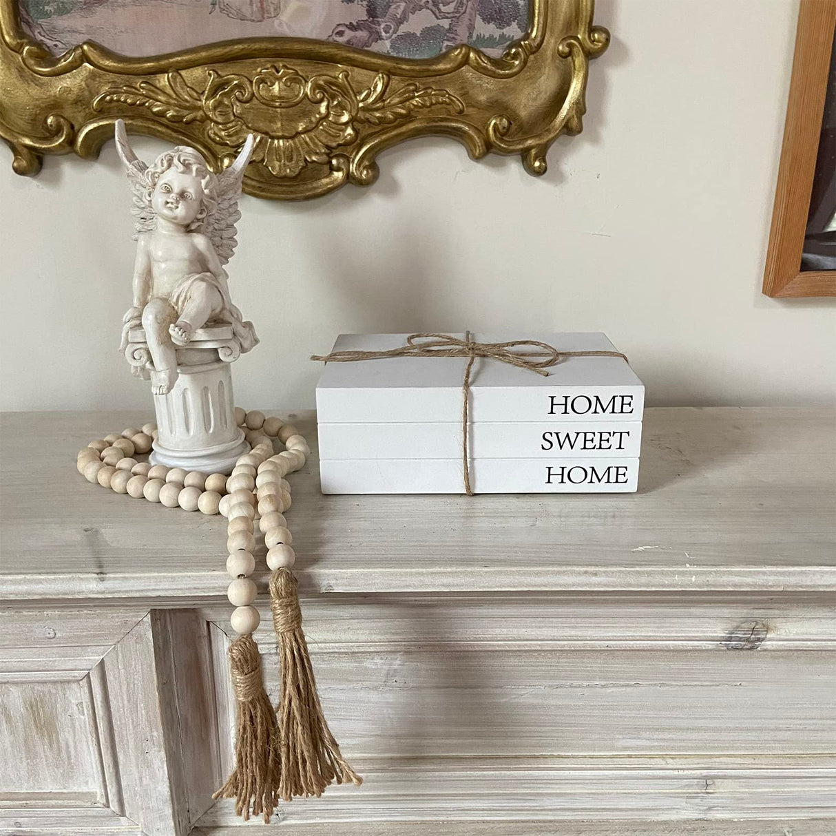 Decorative Books for Home Decor, White Faux Books for Decoration, Rustic Farmhouse Stacked Display Books with 52in Wood Bead Garland for Coffee Tables Living Room, (Home Sweet Home) OMISHE