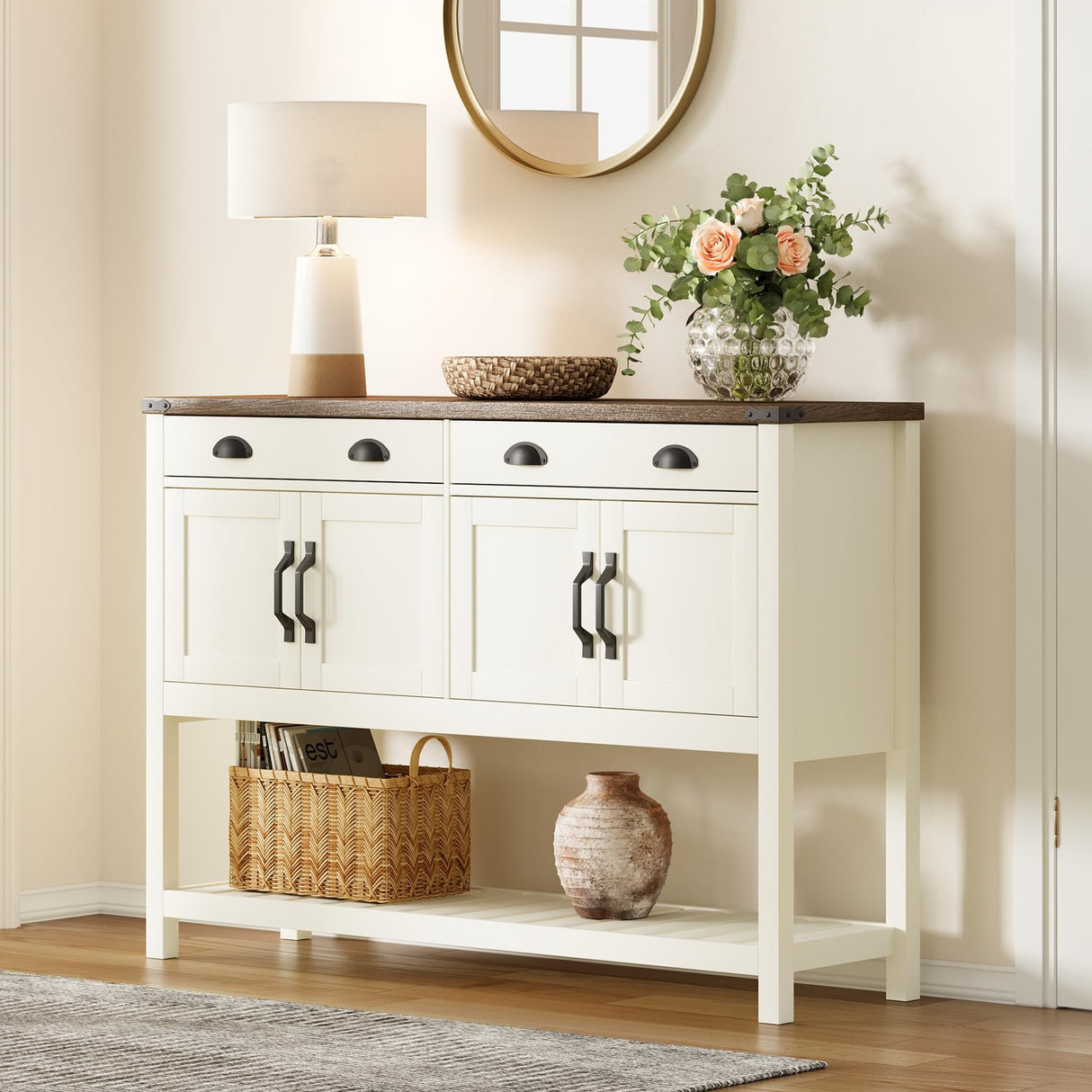 ChooChoo 47" Farmhouse Console Table with Storage, Rustic Entryway Table with Drawers & Doors, Narrow Long Sofa Table for Living Room, Hallway, Behind Couch, Soft White and Brown ChooChoo