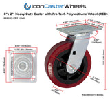 6 inch x 2 inch PRO-TECH Polyurethane Non-Marking Heavy Duty Swivel Casters, 3600 LBS Load Capacity, RED (4 Pack) - ICON 6660 Series ICONCASTERWHEELS