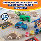 Kids Party Wood Painting Craft Kits (12ct) 3-D Cars - Each Kit Has its Own Brush, Paint, & Figure- 6 Designs Include Taxi, Trucks & More w Bonus Customizable Sticker Decals- Summer Camp Party Activity SCS Direct