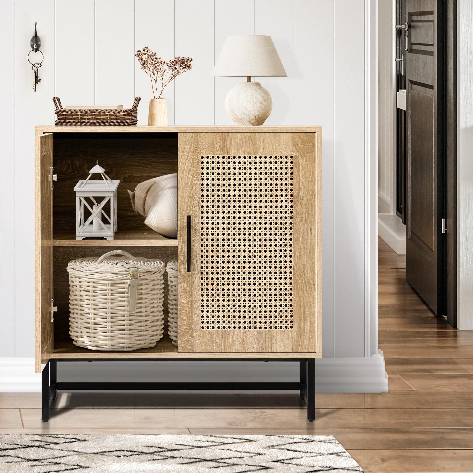 Vrullu Natural Rattan Storage Cabinet, Free Standing Buffet Cabinet, Morden Sideboard and Buffet Storage, Wood Accent Cabinet for Living Room, Hallway, Entryway, Bedroom - WoodArtSupply