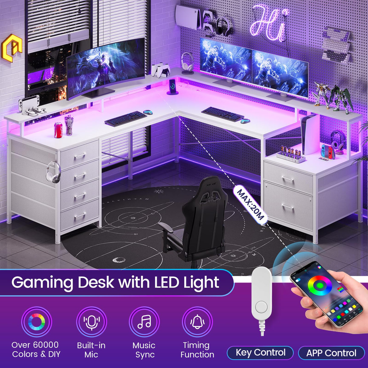 SEDETA L Shaped Desk with 6 Drawer, 108" Home Office Desk with File Drawer & Power Outlet, Corner Computer Desk with Monitor Shelf, File Cabinet, Two Person Desk, Gaming Desk with Led Lights, White SEDETA