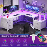 SEDETA L Shaped Desk with 6 Drawer, 108" Home Office Desk with File Drawer & Power Outlet, Corner Computer Desk with Monitor Shelf, File Cabinet, Two Person Desk, Gaming Desk with Led Lights, White SEDETA