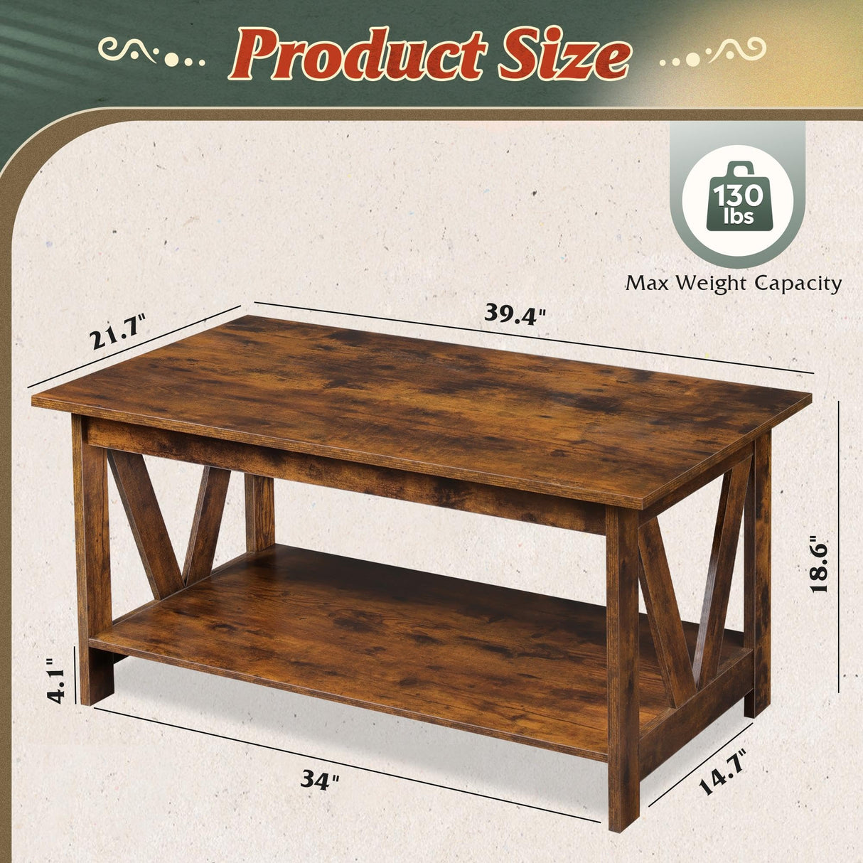 WLIVE Coffee Table with Storage Shelf, 39.4" Farmhouse Coffee Table with V-Frame Support, 2-Tier Wood Rustic Center Table for Living Room, Bedroom & Balcony, Rustic Brown WLIVE