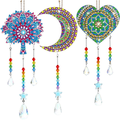 Jetec 3 Pieces Diamond Art Kits Painting Suncatcher Wind Chime Double Sided Crystal Gem Paint by Number Hanging Ornament for Adults DIY Window Home Garden(Moon, Heart, Mandala) Jetec