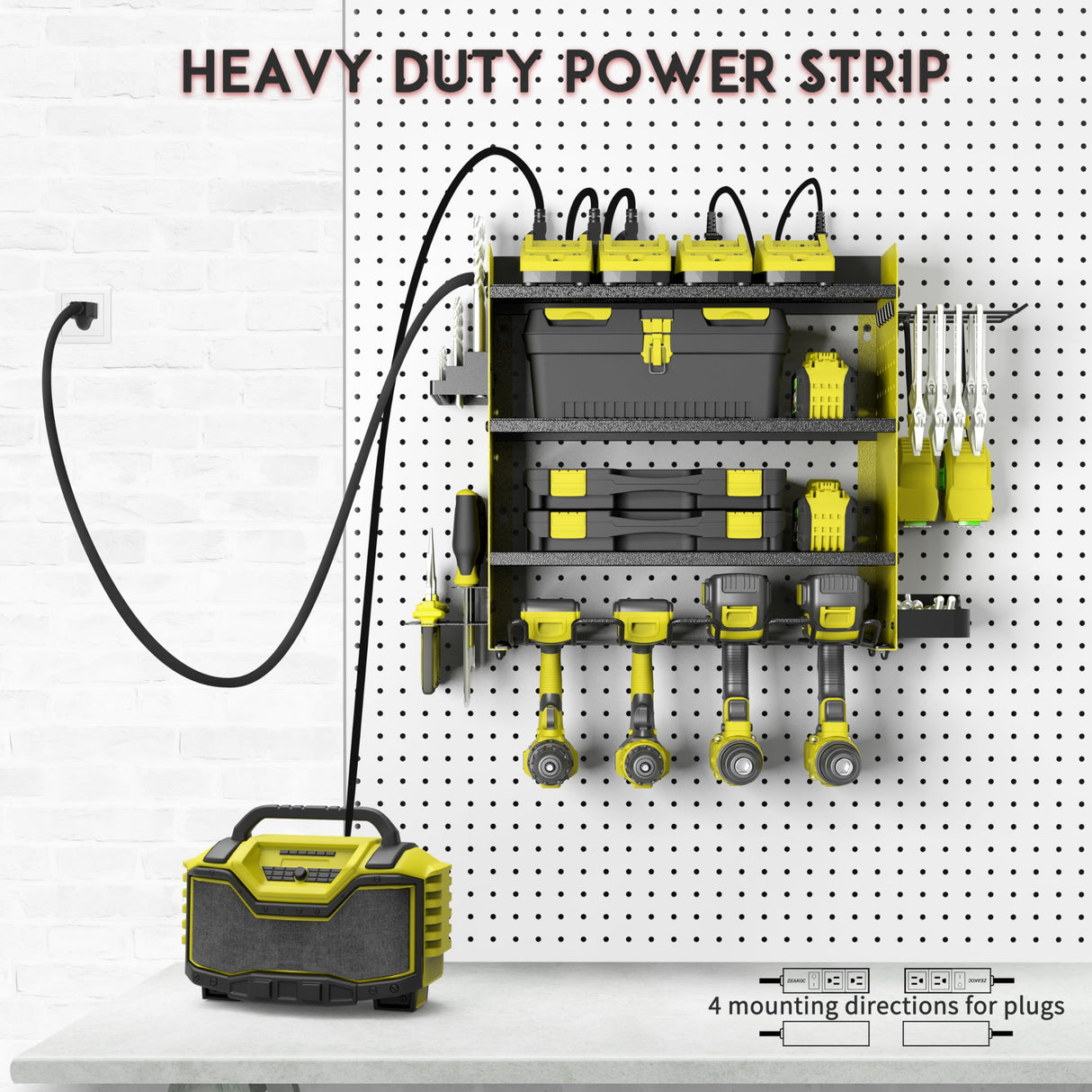 ZEAKOC Power Tool Organizer with Charging Station, 4 Layers Drill Holder Wall Mount,Metal Garage Rack with 10A Power Strip,Tool Shelves with Hooks,Drill Bit Storage, for Men Dad (Green&Black) ZEAKOC
