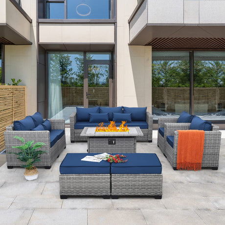 Patio Furniture Set 45-Inch Fire Pit 7-Piece Outdoor Furniture Sets Patio Couch Outdoor Chairs 60000 BTU Wicker Propane Fire Pit Table with No-Slip Cushions and Waterproof Covers, Navy Blue Rattaner