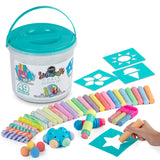 Loddie Doddie 49pc Sidewalk Chalk Bucket – Outdoor Activity Play Set for Kids, 31 Assorted Chalk Sticks, 4 Holders, 10 Ball Refills, 4 Stencils, Outdoor Water Play, Washable, Reusable Bucket Loddie Doddie