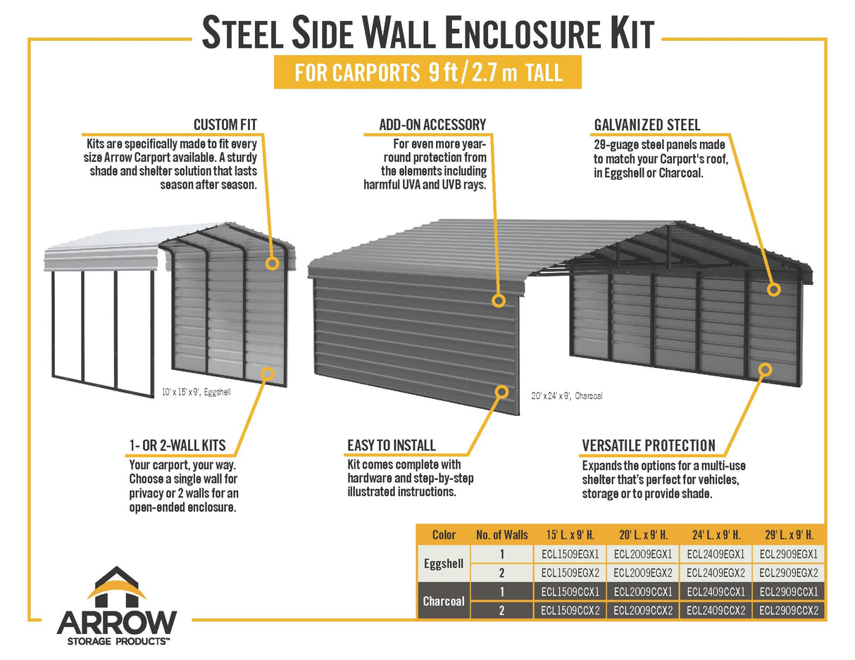 Arrow Carports Galvanized Steel Carport, with 1-Sided Enclosure, Compact Car Metal Carport Kit, 20' x 20' x 9', Charcoal Arrow Shed