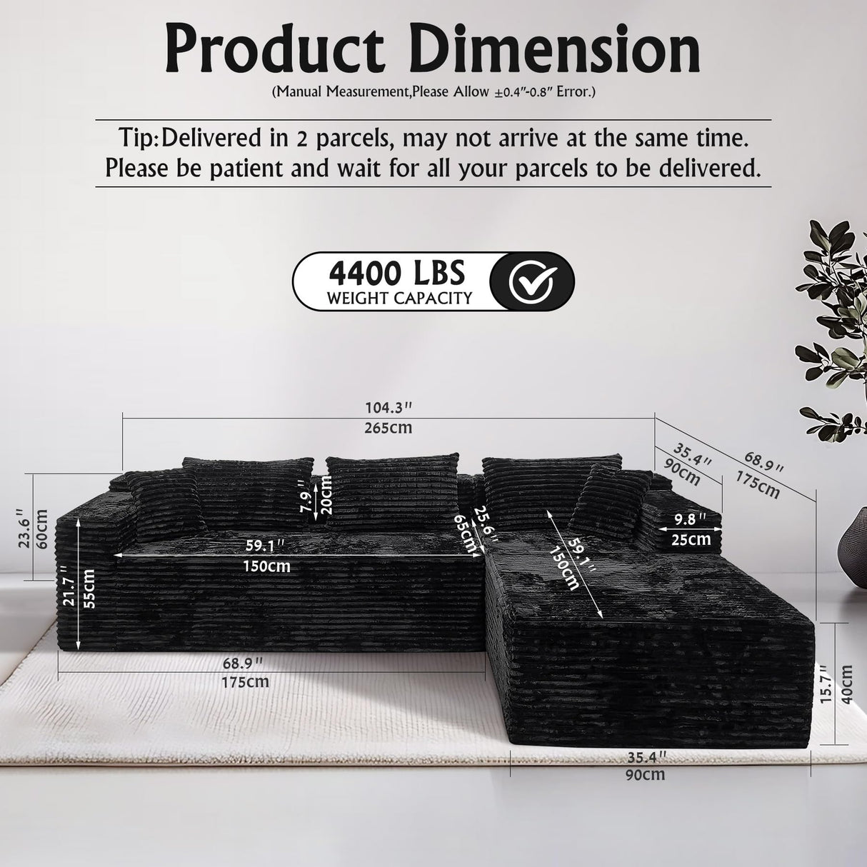 Black sectional couches for Living Room Corduroy Couch，104" Cloud Sectional Couch with L-Shape Chaise， Modern Modular Sofa, Deep Seat Comfort, No Assembly Required(Plush Corduroy Fabric) HKUVUKH