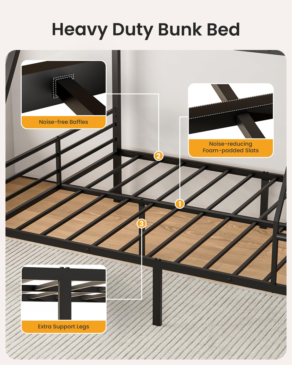 Mixcous Bunk Beds Twin Over Full Size, Heavy Duty Bunk Beds with 2 Storage Drawers, Safety Guardrails & Padded Ladder, Twin Over Full Bunk Bed, No Box Spring Needed, Black Mixcous