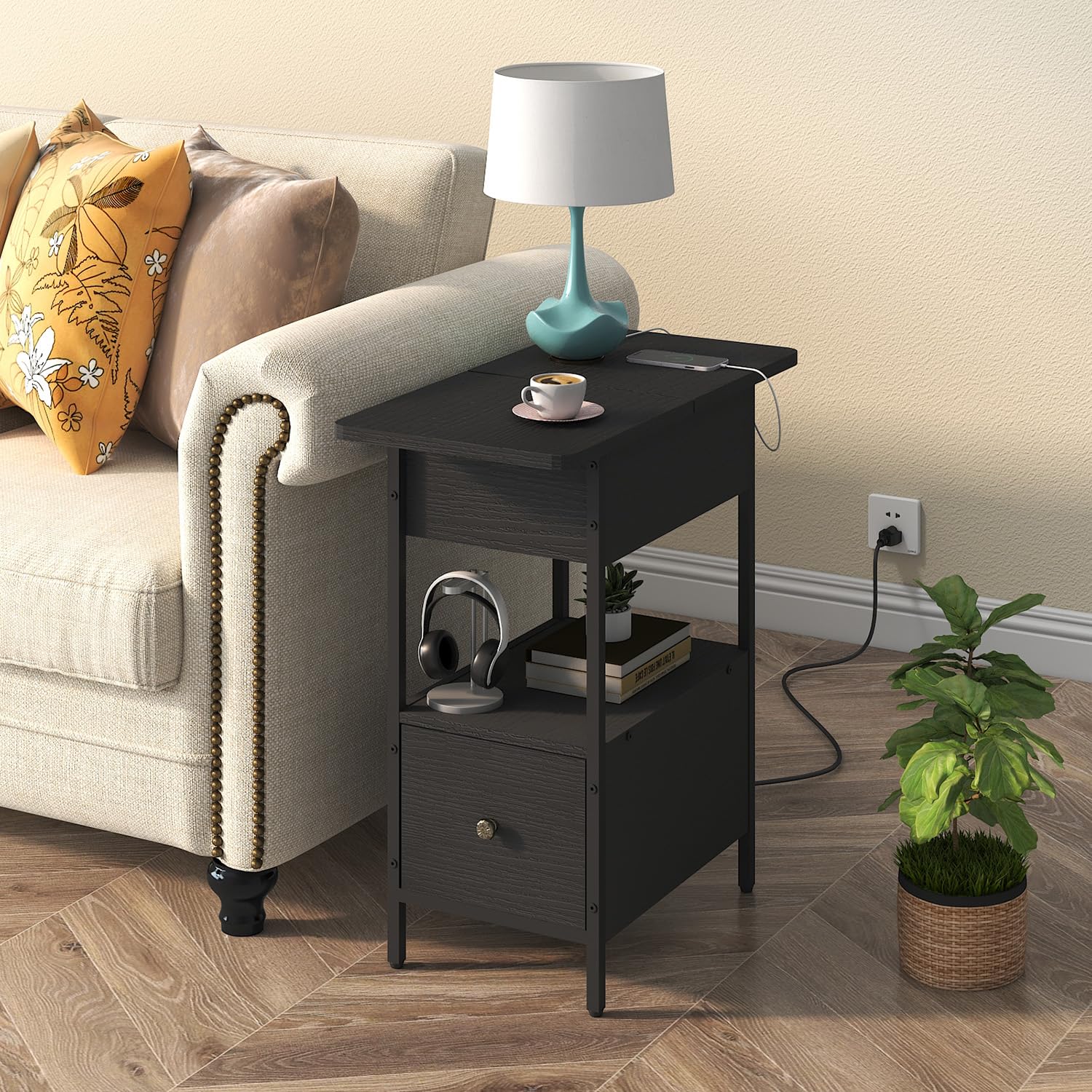 SOOWERY End Table with Charging Station, Narrow Side Table with Flip Top Cabinet and Fabric Drawer, Nightstand Bedside Tables for Small Spaces, Bedroom, Living Room, Black - WoodArtSupply