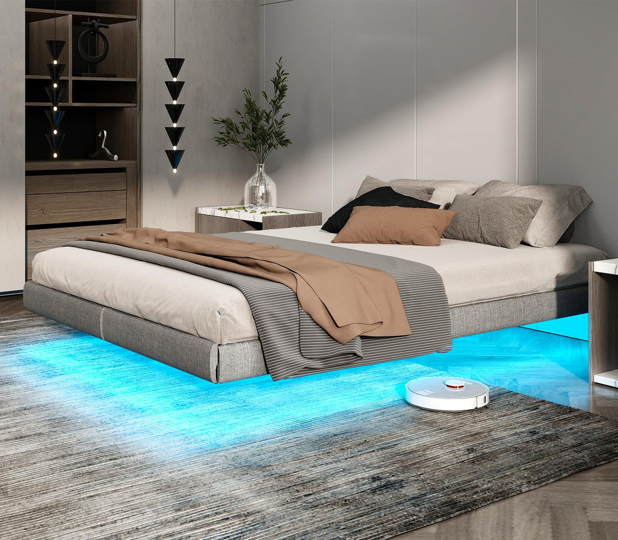 Floating Queen Bed Frame with LED Lights & Under-Bed Storage by RVONOW RVONOW