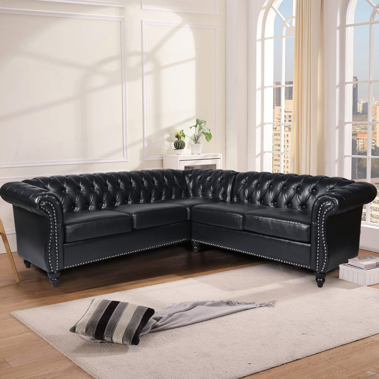 QHITTY L-Shaped Sofa, Sectional Chesterfield Leather Couch 5-Seater Upholstered Small Accent Tufted Sofa with Rolled Armrest and Nailhead Design for Living Room, Apartment, Office (Black) QHITTY