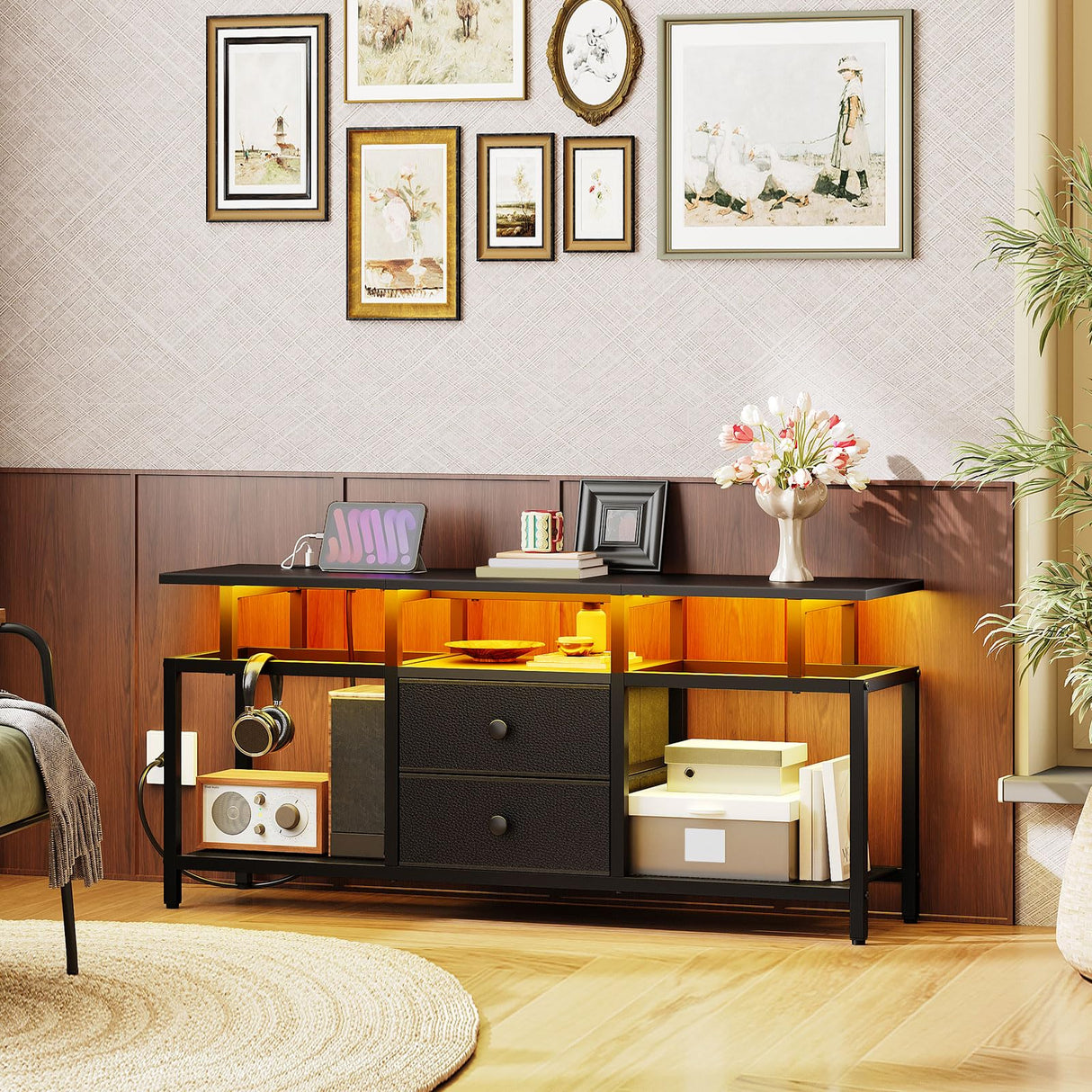 YATINEY TV Stand with LED Light and Power Outlets, Entertainment Center with Fabric Drawers and Open Shelves, TV Cabinet for TVs up to 50 Inch, Media Console for Living Room, Bedroom, Black DS03UDBB YATINEY