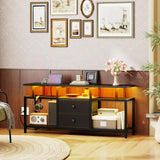 YATINEY TV Stand with LED Light and Power Outlets, Entertainment Center with Fabric Drawers and Open Shelves, TV Cabinet for TVs up to 50 Inch, Media Console for Living Room, Bedroom, Black DS03UDBB YATINEY