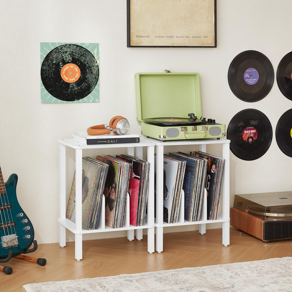 LELELINKY 2-Tier Record Player Stand with Vinyl Record Storage up to 100 Albums, Bedroom Record Holder and Multi-Functional End Table for Living Room, White LELELINKY