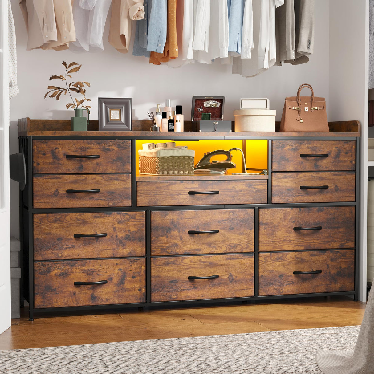 EnHomee Dresser TV Stand with 11 Drawers for 60" TV Stand for Bedroom with LED Lights & Power Outlets Long Dresser for Bedroom with Shelves & 4 Hooks, Sturdy Metal Frame & Thick Wood Top, Rustic Brown EnHomee