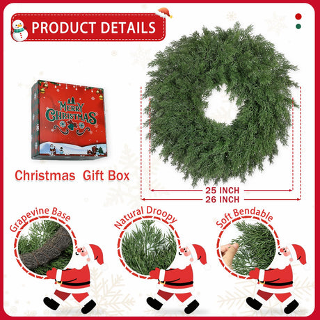 26 Inch Christmas Wreaths for Front Door Realistic Large Winter Greenery Pine Cedar Wreaths for Windows Xmas Holiday Home Table Mantle Yard Farmhouse Wall Door Porch Hanging Decor Outdoor Indoor RHTRJ