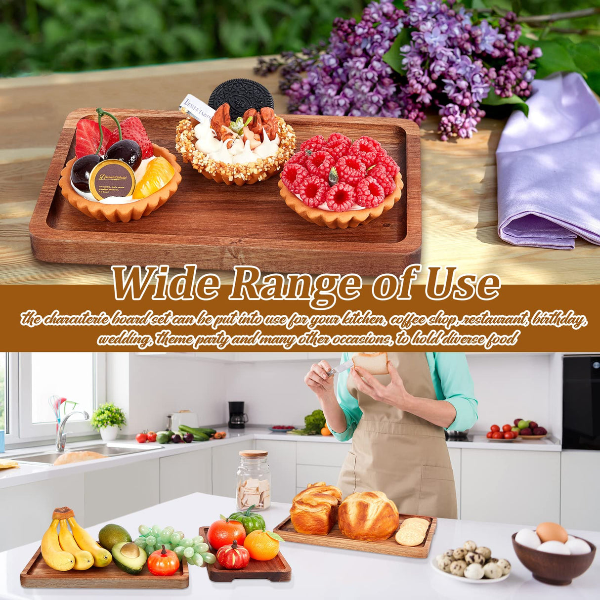 6 Pcs Wooden Tray Wood Serving Tray Set Wood Board for Food Rectangular Wooden Serving Platters Wooden Plates Serving Board for Cheese Appetizer Charcuterie Food Vegetables Dessert Home Party, 3 Sizes Qunclay