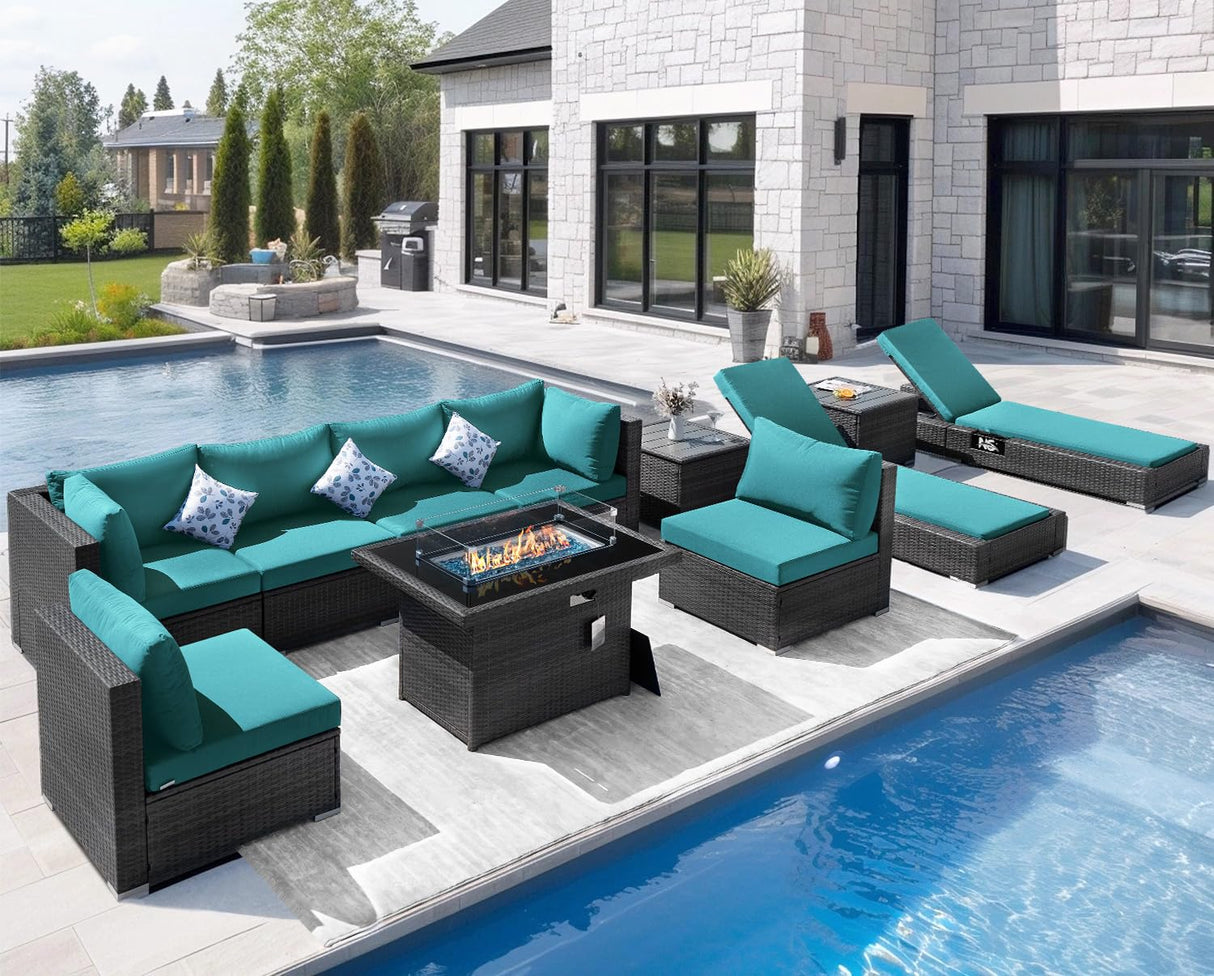 NICESOUL 11-Piece Patio Furniture with Chaise Lounge, Modern Wicker Outdoor Sectional with Fire Pit, Comfortable 29.3'' High-Back Conversation Seating, Heavy Duty All-Weather Couch Set, Grey & Teal NICESOUL