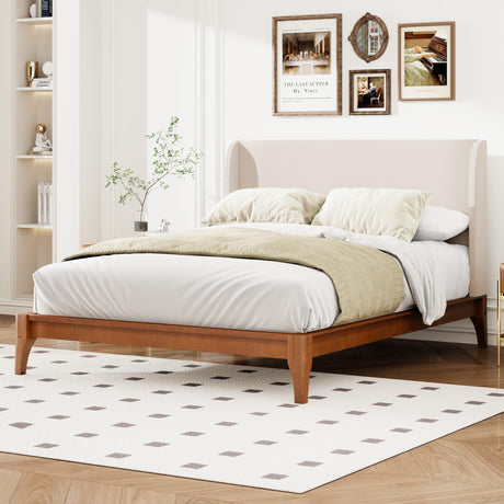 Merax King Size Bamboo Platform Bed, Mid-Century Bed Frame with Tall Upholstered Headboard, Wood Slat Support, No Box Spring Needed, Easy Tool-Free Assembly, Beige+Brown Merax