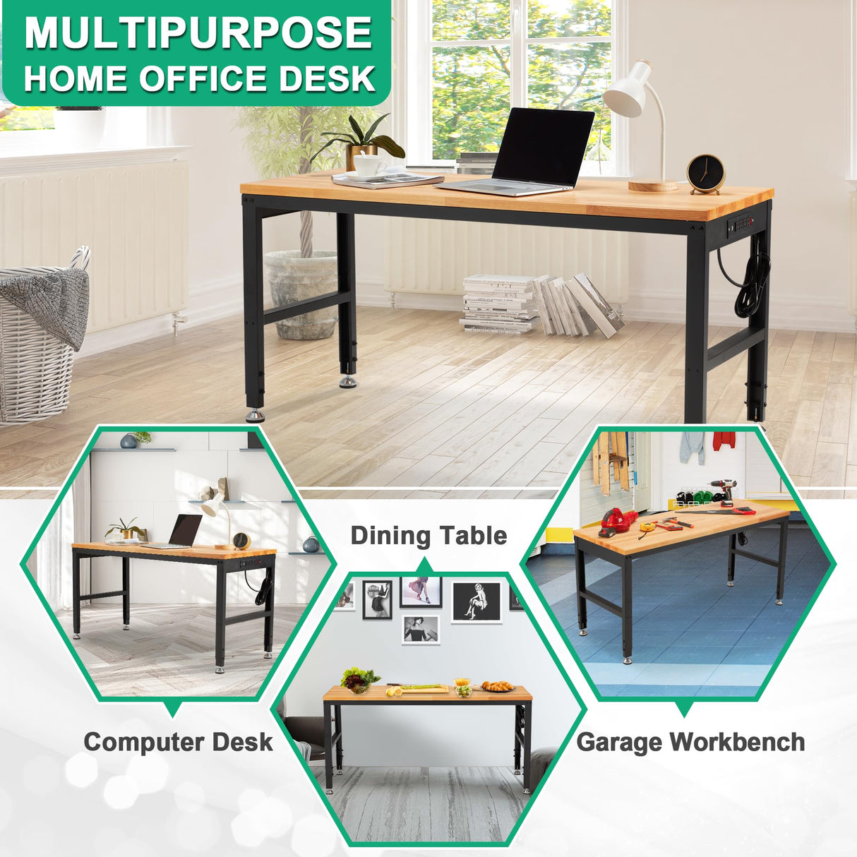 HABUTWAY Height Adjustable Workbench, 60"x20" 2000 Lbs Capacity Solid Wood Work Station Heavy-Duty, with Power Outlets, for Garage Party Shop Office HABUTWAY