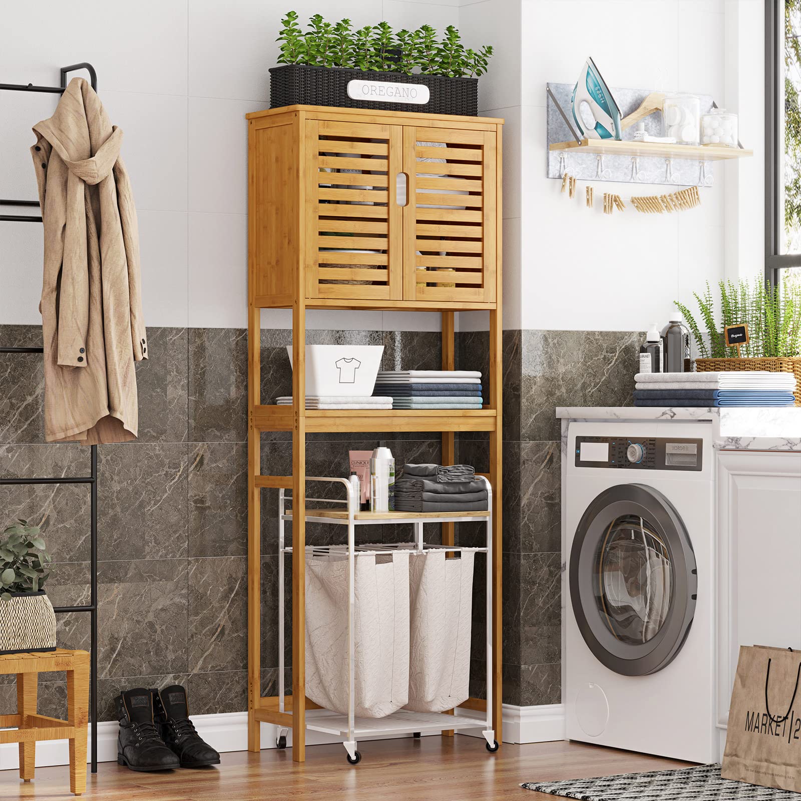 VIAGDO Natural Bamboo Over The Toilet Storage Cabinet with Adjustable Shelves and Doors - WoodArtSupply