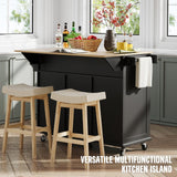 Coolove Kitchen Island with Storage on Wheels, 53" Large Rolling Kitchen Island with Drop Leaf, Mobile Kitchen Islands Cart with 2 Drawers, Bamboo Countertop Islands Table with Towel Spice Rack, Black Coolove