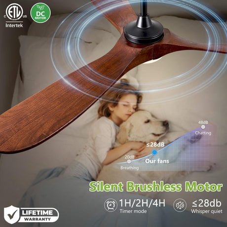 Ceiling Fans with Lights, 60 Inch Solid Wood Propeller Ceiling Fans with Lights and Remote Control Outdoor Ceiling Fan for Patios Indoor Living Room 3 Blades, Quiet DC Motor ETL Listed, Dark Walnut Haipeel