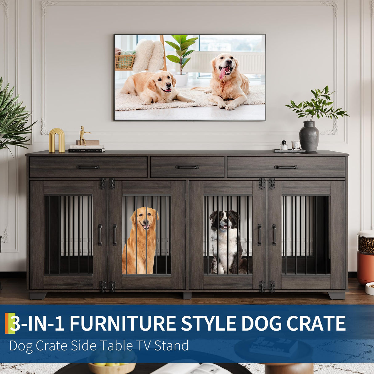71'' Large Dog Crate for 2 Dogs, Dog Crate Furniture with 3 Drawers, Dog Kennel Furniture, Heavy Duty Dog Cage and TV Stand, Perfect for Medium Large Dogs, Walnut GarveeLife