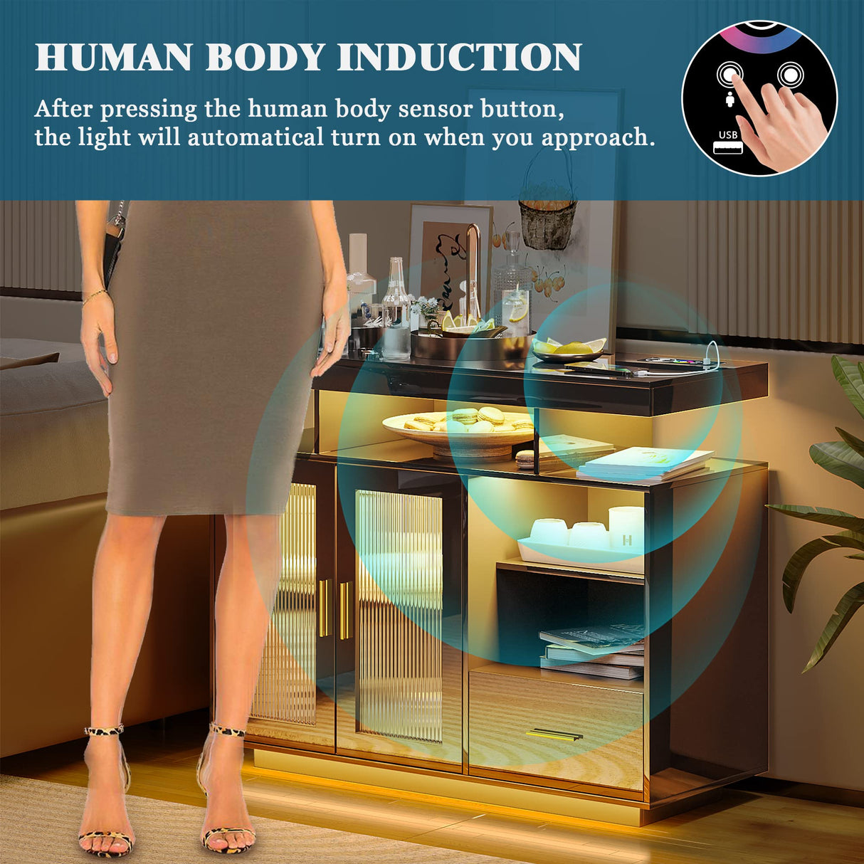 WOOVIVS 39.4" Modern LED Sideboard Buffet Cabinet with Charging Station, High Glossy Cupboard with Motion Sensor Light, Coffee Bar Storage Cabinet with Acrylic Panel for Living Room, Kitchen (Black) WOOVIVS