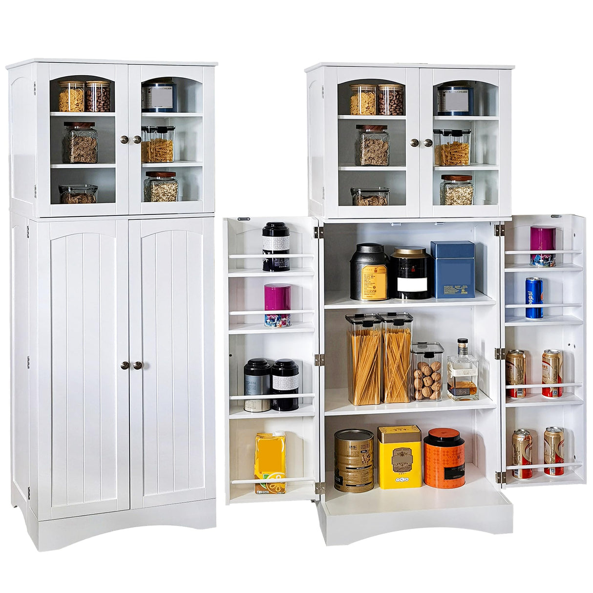 CATMIX Kitchen Pantry Cabinet, Tall Food Pantry Storage Cabinet with Glass Doors and Adjustable Shelves, Freestanding Cabinet for Kitchen, Living Room, Dining Room, White CATMIX