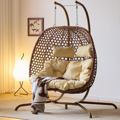 Double Swing Egg Chair with Stand, Hexagon Rattan Wicker Swing Chair Outdoor, Large 2 Person Patio Hanging Chair with Foldable Loveseat Removable Cushions (Beige)