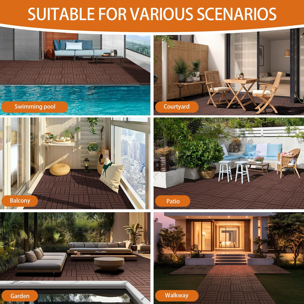 ShunHong Polymer Composite Interlocking Deck Tiles Outdoor,12x12 Composite Decking Boards for All Weather Use,Waterproof, Poolside,Balcony,Patio(9Pcs,Coffee,9 sqft) ShunHong